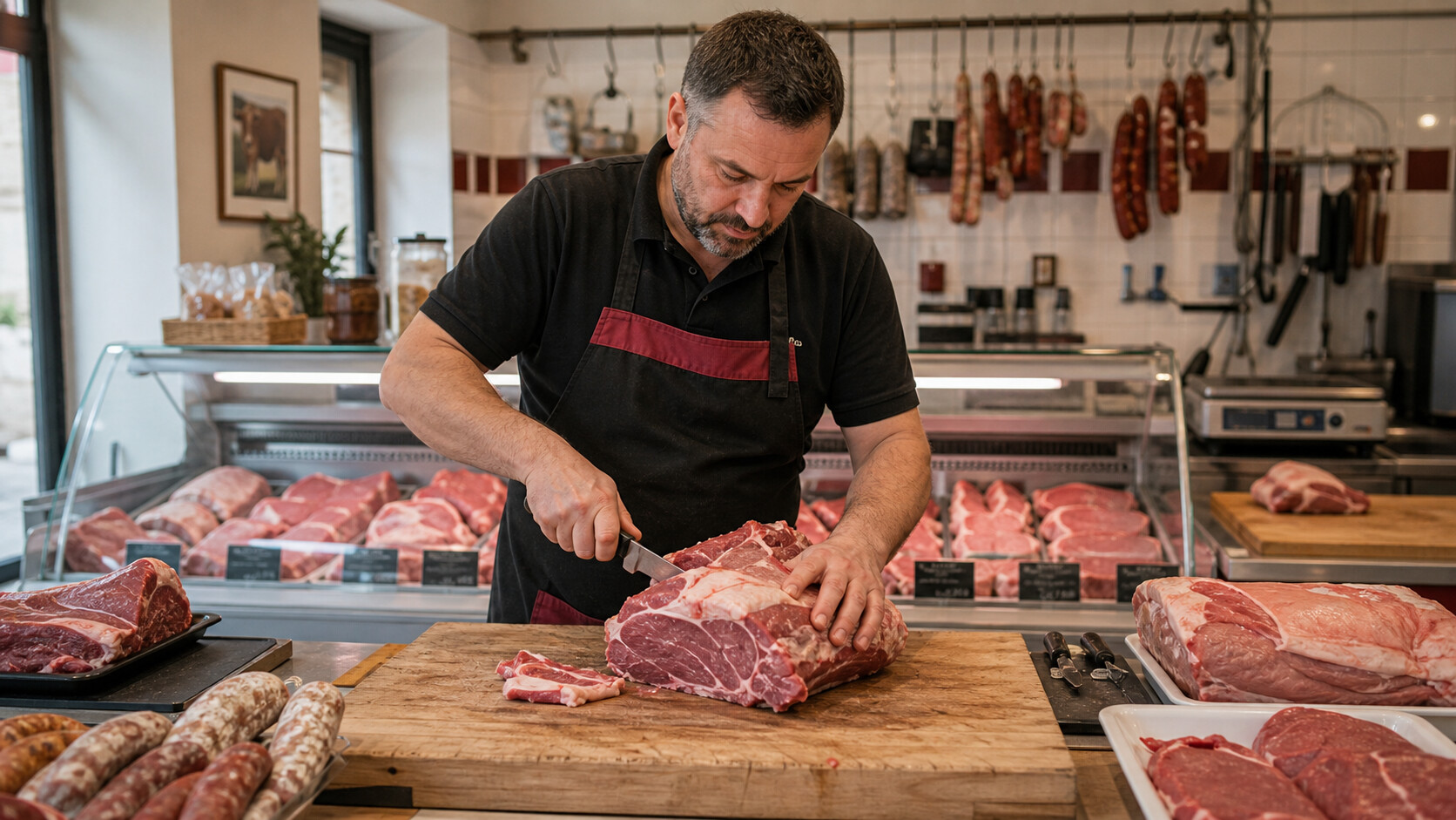 Boucher en tablier travaillant une pièce de viande sur un billot