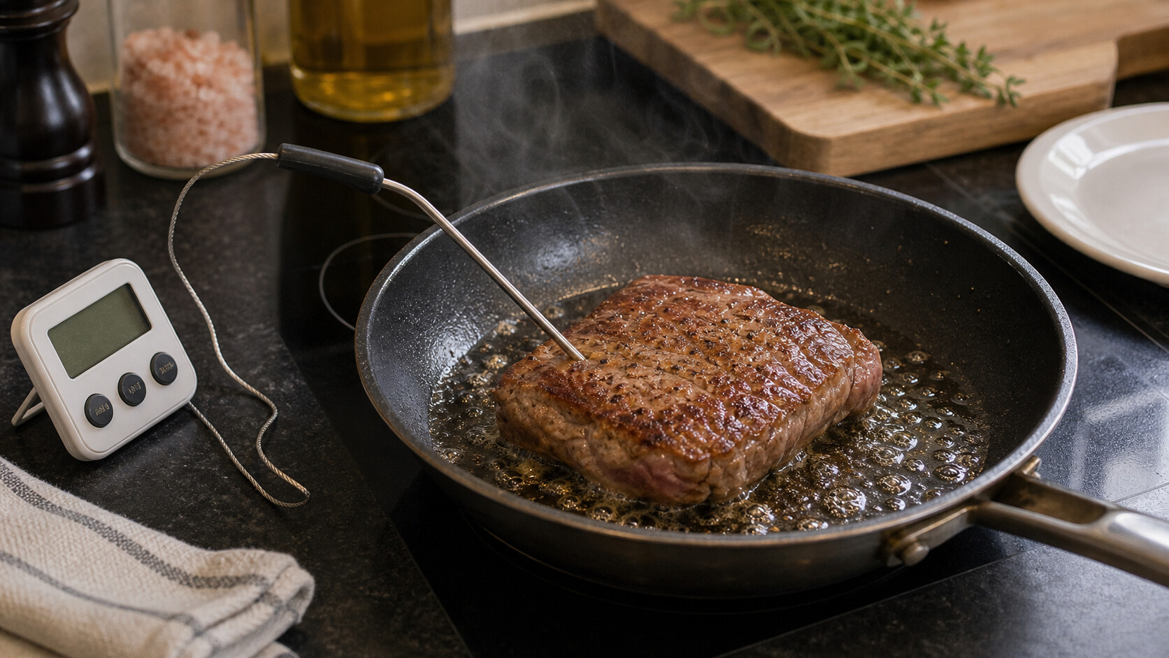 Morceau de viande saisi à la poêle avec thermomètre et minuteur