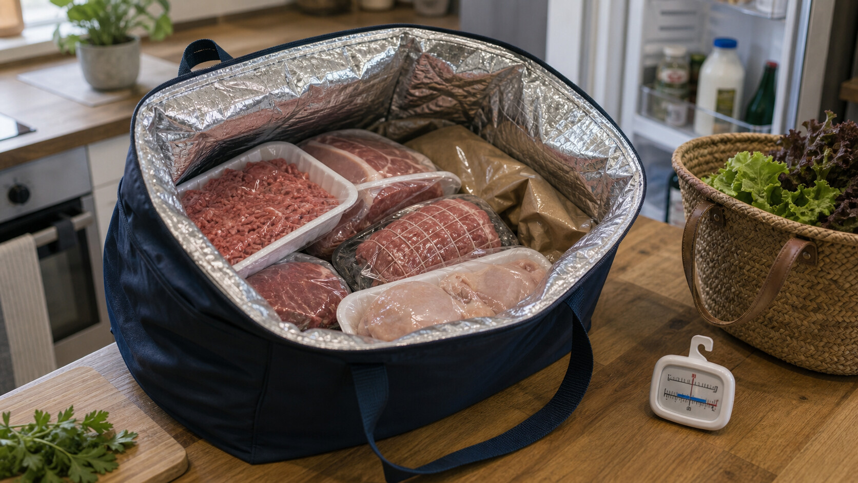 Sac isotherme ouvert avec viande emballée et thermomètre de réfrigérateur